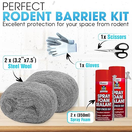 [Upgraded] Rodent Barrier Kit, 2Pcs Steel Wool Included 2Pcs PU Spray Foam for Mice Control, 3.2"x7.5’ Rodent Control Fill Fabric, Gloves, Scissors, Gap Blocker in Hole Pipeline Vent in House, Garage