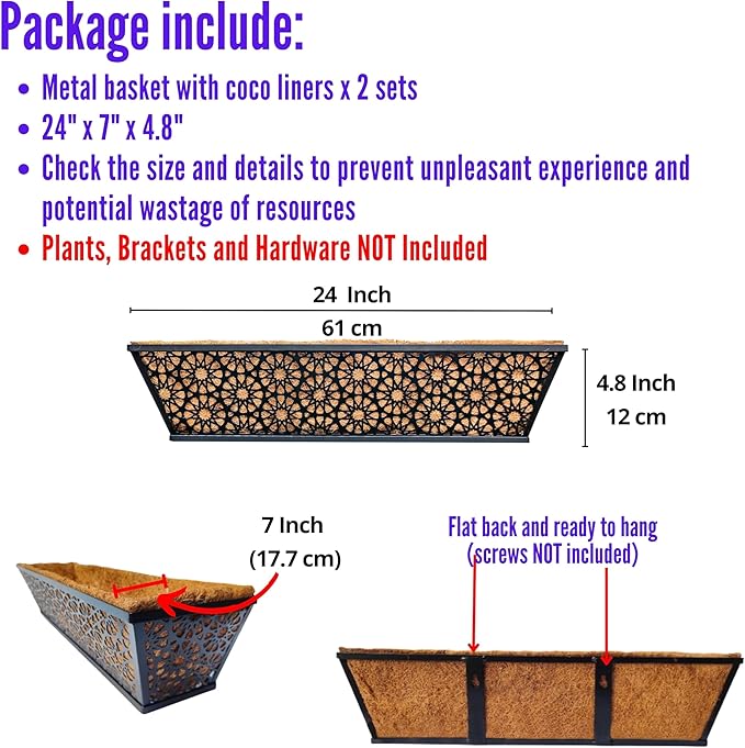 LaLaGreen Window Boxes Planters for Outdoor Plants (24 Inch, 2 Pack) Large Fence Hanging Planter Metal Deck Railing Flower Box with Coco Liner, Trendy Horse Troughs Balcony Pots Patio Porch Over Rail