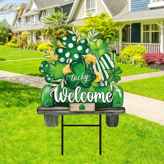 JarThenaAMCS St. Patrick' s Day Metal Garden Stake Welcome Yard Sign Green Shamrock Clover Truck Decorative Lawn Sign for Irish Holiday Home Outside Lawn Porch Walkway Pathway