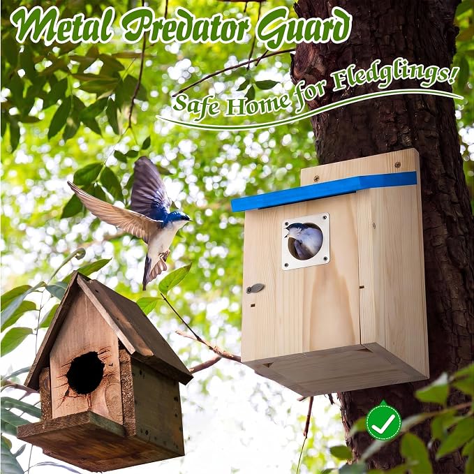 Dreyoo 8 Pack Bluebird Houses for Outside with Metal Predator Guard, 1-1/2" Entrance Hole Wooden Blue Bird Houses for Outdoors, Bluebird Nesting Box with Screwdriver(Blue Roof, Wood Body)