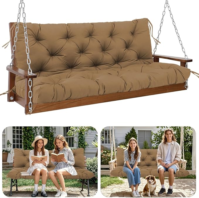 Premium 5" Thick Waterproof Porch Swing Cushions 58 inch Sturdy Durable Outdoor Swing Cushions 3 Seater Replacement with Backrest&Ties Bench Cushion for Outdoor Furniture Backyard Patio