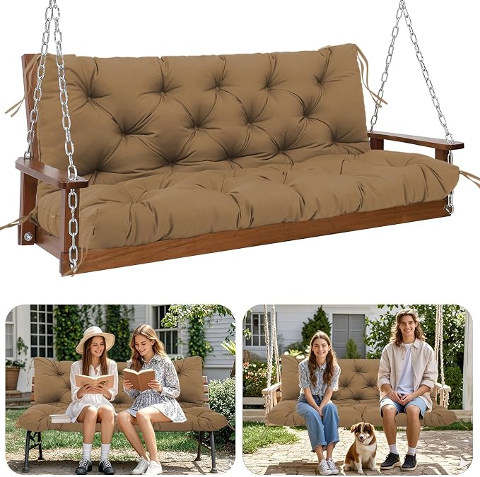Extra Thick 5" Waterproof Porch Swing Cushions Outdoor 60 inch Swing Cushions 3 Seater Replacement with Backrest and Ties for Outdoor Furniture Patio Bench Garden (Brown)