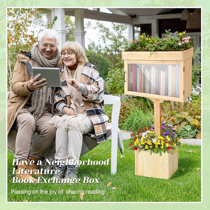 Wonderjune Wooden Little Library Box Outdoor Free Library Box Storage with Floor Plugs and Small Flower Fence for DIY, Neighborhoods, Community, Schools Sharing Books, Newspapers