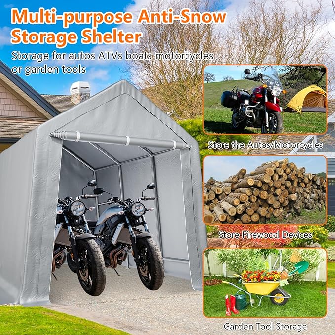 12'x12' Heavy Duty Grey PE+Steel Portable Carport, Waterproof Outdoor Storage Shelter for Garden Tools