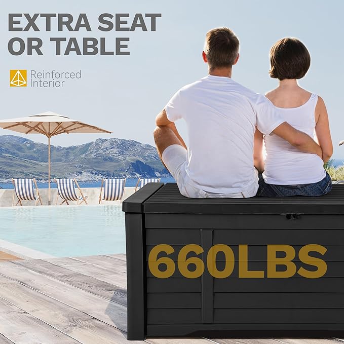 DWVO 150 Gallon Louvered Outdoor Storage Box, Lockable Resin Deck Box for Pillows, Tools, and Pool Supplies - Black