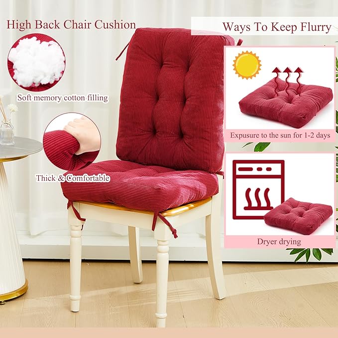Juexica 4 Set Outdoor Patio Chair Cushions Corduroy Seat High Back Tufted Pillow Replacement Rocking Chair Cushions Patio Chair Pads for Autumn Winter Seasonal Indoor Home Office(Red)