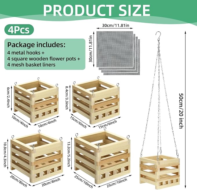 4 Sets Wooden Orchid Wall Planters Wood Orchid Hanging Planter with Hangers Wooden Plant Hanger Orchid Basket with Chain for Indoor or Outdoor Including 4 Adjustable Mats (4+6+8+10inch)