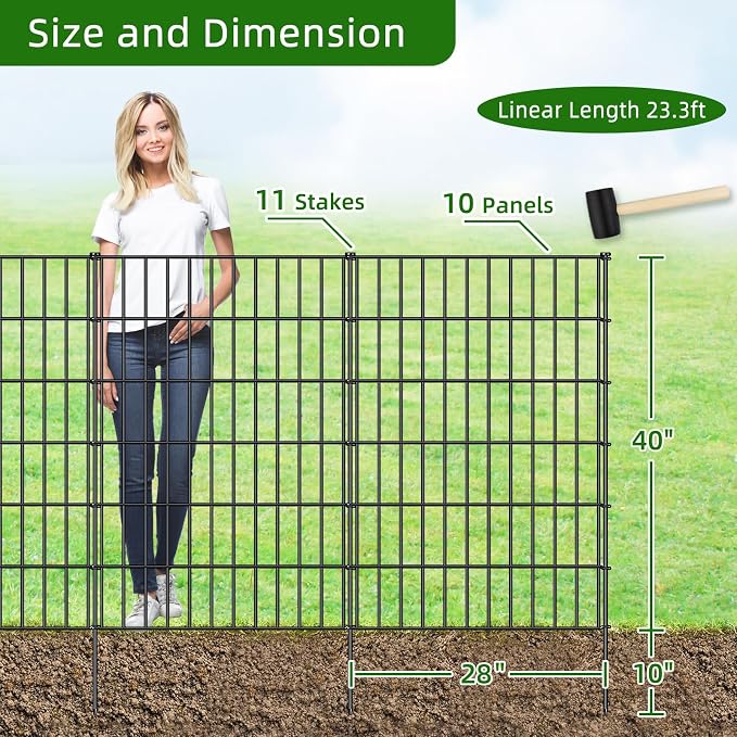 FOREHOGAR Metal Garden Fence 40in (H) x 23.3ft (L), 10 Panels + 11 Stakes Dog Fences Border Fence Animal Barrier, No Dig Garden Fencing for Yard Flower Bed Lawn Patio Outdoor, PIN402810 Black