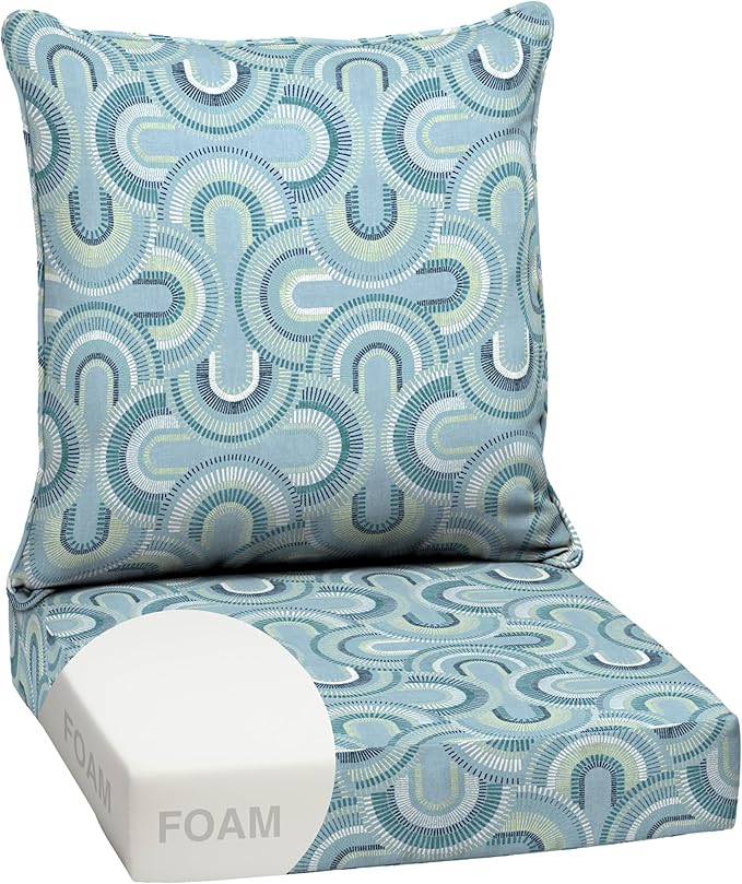 Arden Outdoor Foam Deep Seat Cushion Set, 24 in x 24 in, Weather-Proof, Rain-Proof, Fade Resistant Patio Cushion, Bottom and Back Cushion for Chair, Sofa, and Couch Coastal Blue Geometric