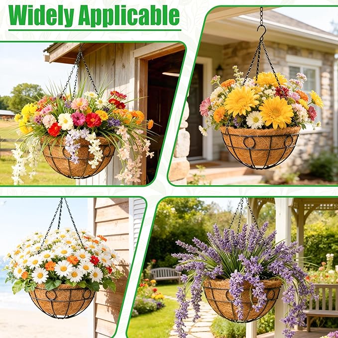 4 Pack 12 Inch Heavy Duty Hanging Basket Outdoor Metal Hanging Planters with Coco Coir Liners Black Hanging Flower Baskets for Outdoor Plants Patio Porch Balcony Garden（Round）