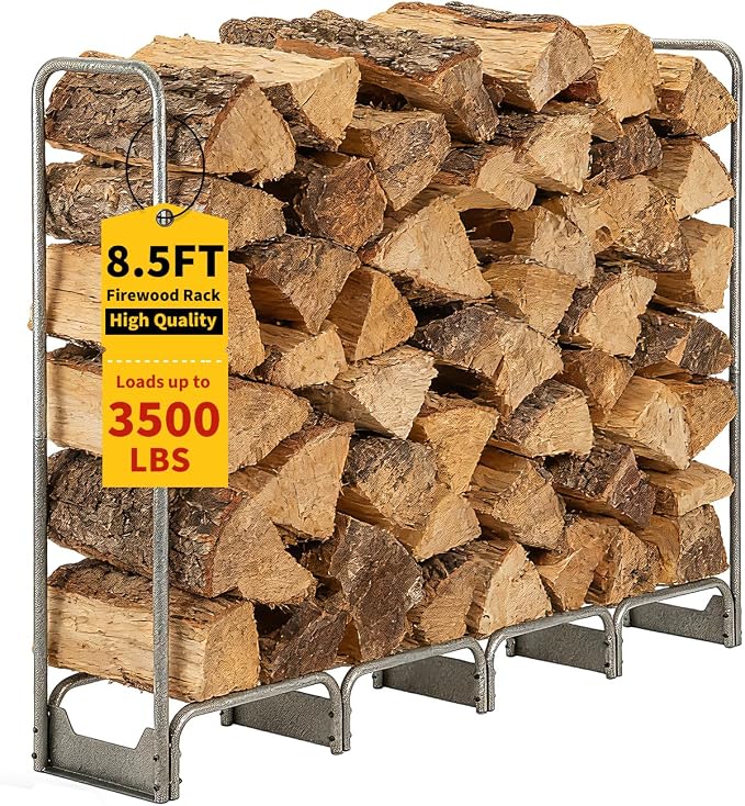 PeakPursuit 8.5FT Firewood Rack with 600d Oxford Waterproof Cover, Heavy Duty Indoor/Outdoor Steel Log Storage Rack - Wood Pile Holder Stacker Organizer for Fireplace, Patio, Fire Pit, Backyard
