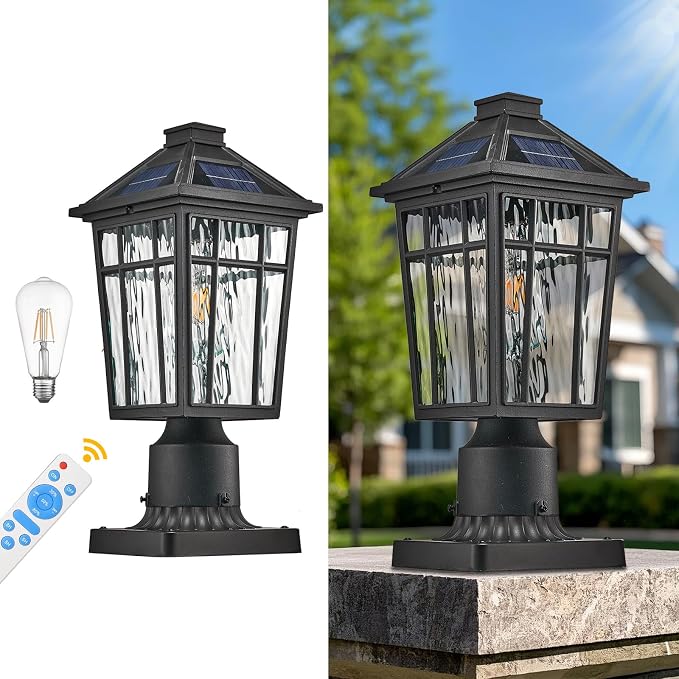 Solar Lamp Post Lights Dusk to Dawn Aluminum Solar Powered Large Post Lights Outdoor Include Remote Control and LED Bulb 16.5 Inch Height Outdoor Post Lights Hard Wired Black Finish