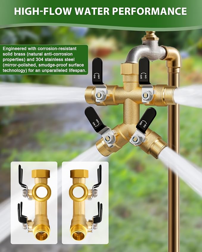 4 Way Hose Splitter, Heavy Duty Brass Garden Hose Splitter, Water Hose Bib Spigot Splitter with 0.59" Full Flow Ball Valve Outlet & Shut-Off Valve 3/4'' Connector Outdoor Water Faucet Adapter