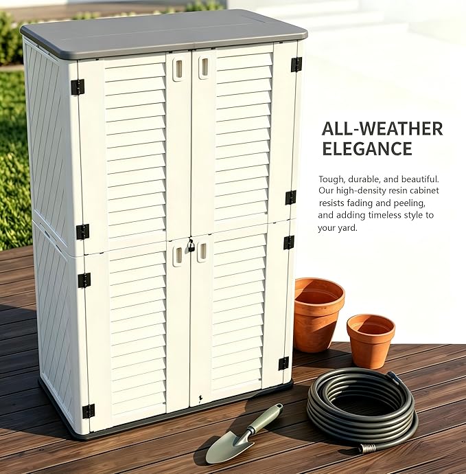 Outdoor Storage Shed 66 cu.ft, Waterproof Resin Vertical Cabinet Double-Layer for Patio Furniture, Garden Tools, Lawn Mower, Pool Accessories, UV Resistant for Yard Balcony – Shelves Not Included