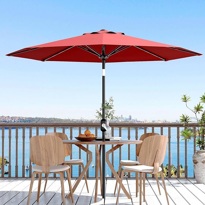 10 ft Patio Umbrella - 8 Sturdy Ribs Outdoor Table Umbrella with Crank Lift & Push Button Tilt - Market Umbrella for Pool, Deck, Yard, Garden - Red