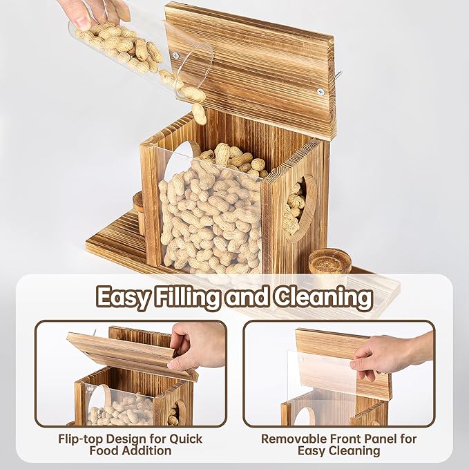 Carbonized Squirrel Feeders for Outside, Funny Chipmunk Feeder, Easy Filling & Cleaning with Removable Front Panel, Durable Outdoor House Box, Attracts Squirrel & Chipmunk