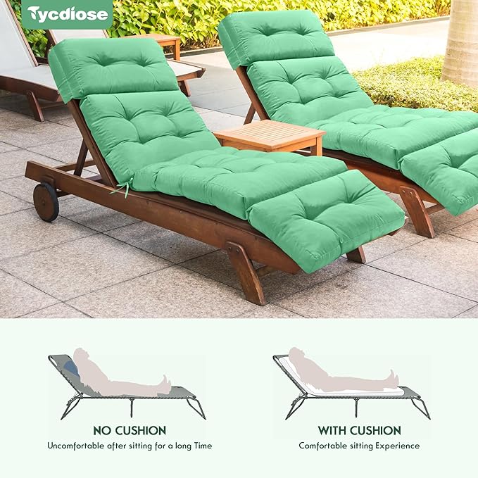 Outdoor Chaise Lounge Chair Cushion Waterproof 74.4 x 22 x 4.7 Inches Memory Foam Lounge Chair Cushions Replacement for Outdoor Furniture with Ties, Thickened Pool Lounge Chair Cushion, Cyan