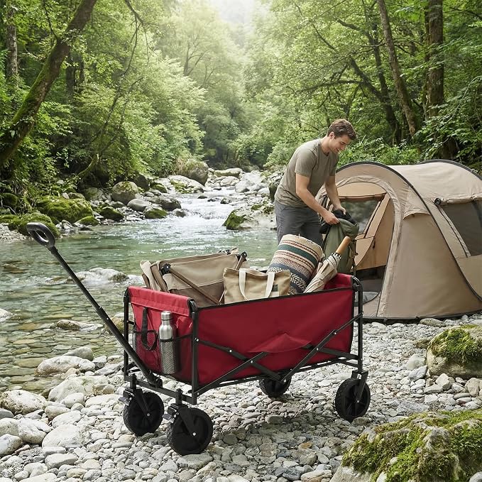 DUMOS Collapsible Wagon Cart, Heavy Duty Foldable Utility Wagon with Lockable Brake Wheels – 330 lbs Capacity, Flexible Handle for Beach, Garden, Sports, Grocery & Camping, Red