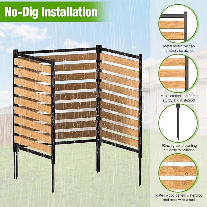 Metal Air Conditioner Fence 3 Panels - 40.27" W x 54.6" H Outdoor Privacy Screen, No Dig Wooden Privacy Screen for AC Unit, Trash Can, Pool Equipment, Yard Garden,Brown