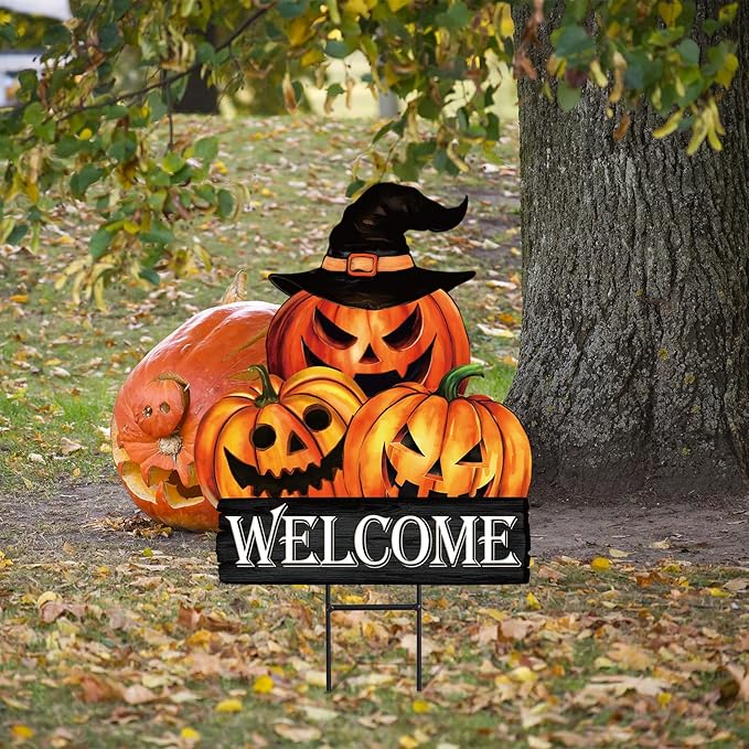 JarThenaAMCS Vintage Halloween Pumpkin Metal Garden Stake Evil Pumpkin Face Decorative Lawn Sign Spooky Welcome Yard Sign for Trick or Treat Home Outside Lawn Porch Decor