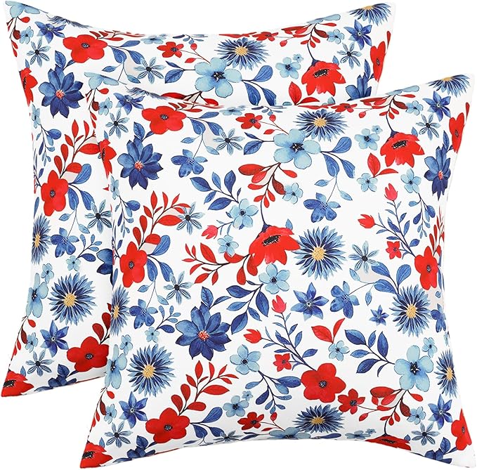 SquarePie 4th of July Outdoor Pillow Covers 18x18 Inch Set of 2 - Waterproof Red Blue Flowers Square Cushion Covers, Patriotic Watercolor Floral Decorative Throw Pillow Cases for Patio Couch Sofa