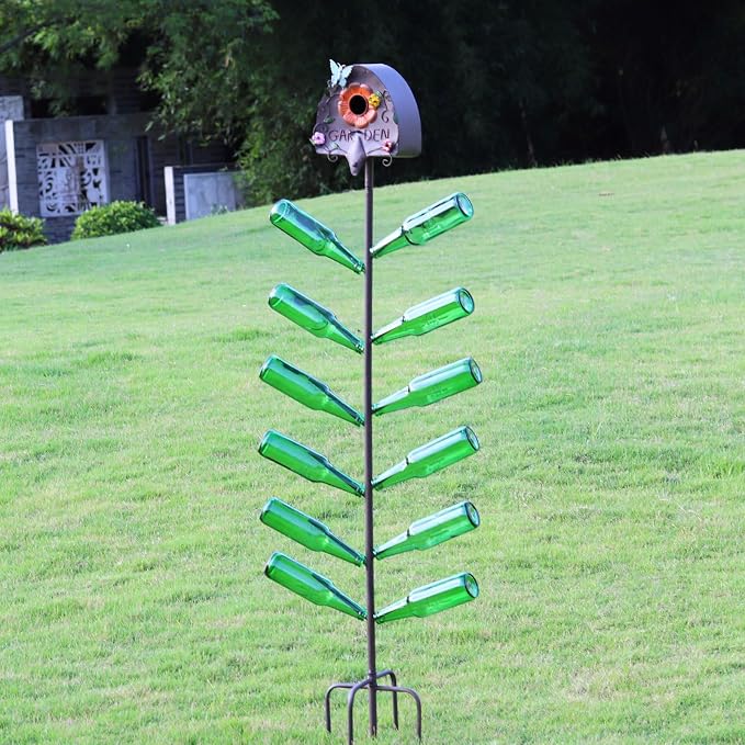 57" HMetal Bird House and Wine Bottle Tree, 2 in 1, Lawn Ornaments for Outside,As Garden Yard Decoration for Exterior Party Landscape Decoration