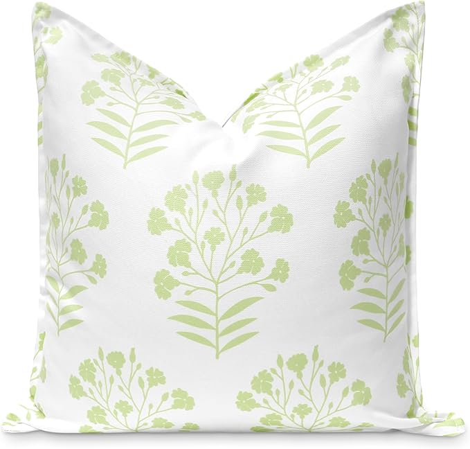 Hofdeco Premium Coastal Patio Indoor Outdoor Throw Pillow Cover Only, 20"x20" Water Repellent for Backyard, Couch, Green Print Floral