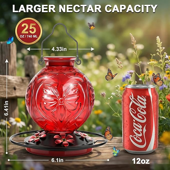 Glass Hummingbird Feeder for Outdoors Hanging, 25Oz Humming Bird Nectar Feeders with Perch & 5 Flower Feeding Ports, Leak Proof for Outside Garden Decor, Gifts for Women (Red)