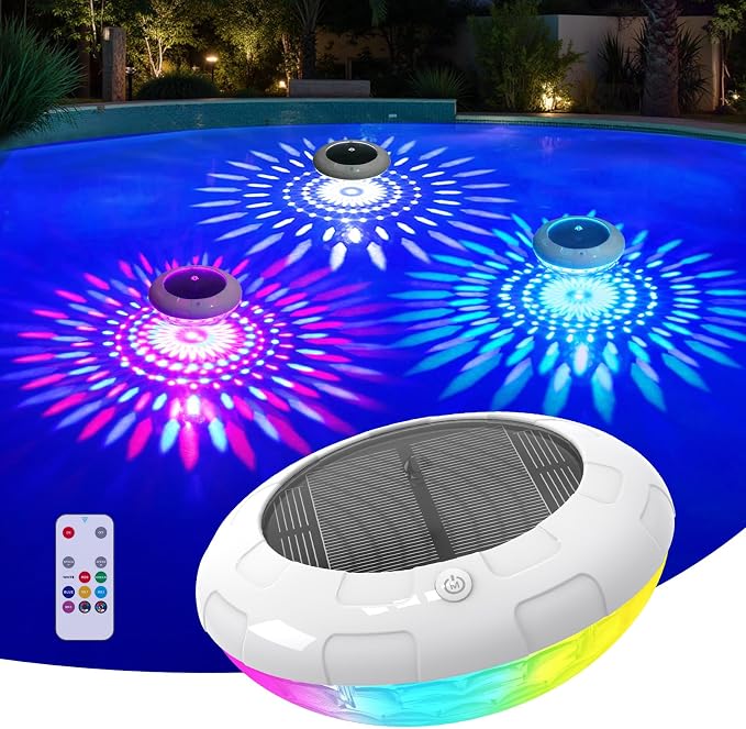 Floating Pool Lights w/Remote, 6.5 Inch RGB Solar Pool Lights that Float with 9 Dynamic Lighting, IP68 Waterproof Pool Floating Light, Hangable Solar Floating Light for Pools Party Garden(1)