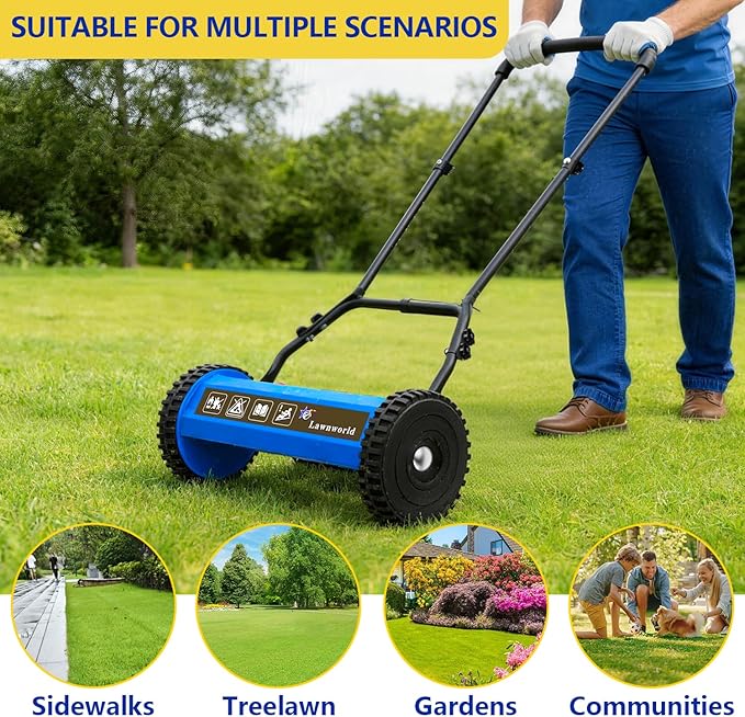 14-Inch Reel Lawn Mower with Tool-Free Blade Adjustment, 5-Blade Manual Push Lawn Mower, 5-Position Height Adjustable Hand Push Reel Mower for Small Yards