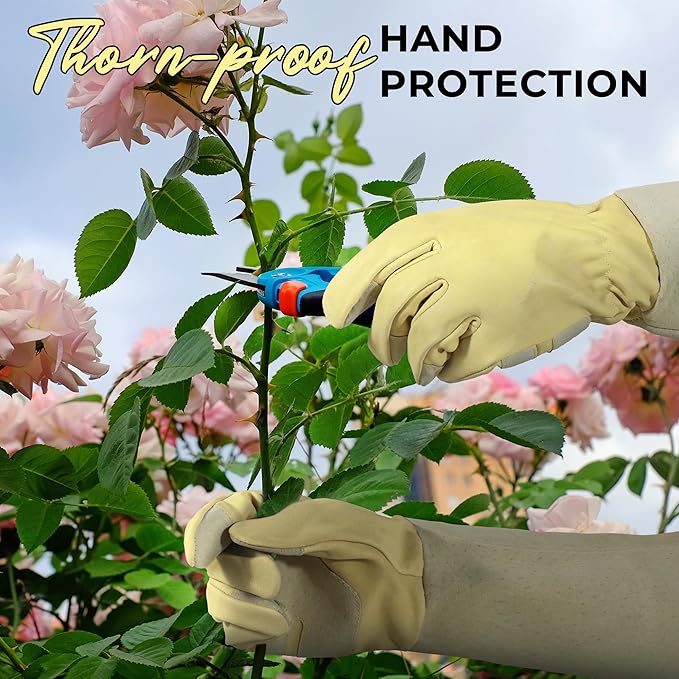 HANDLANDY Rose Pruning Gardening Gloves for Men Women, Thorn Proof Forearm Protection Leather Garden Gloves, Gardening Gifts for Gardeners (Vanilla, Medium)