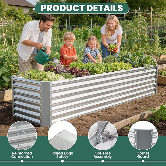 G GOOD GAIN 8x2x2 ft Galvanized Raised Garden Bed Kit, Large Metal Planter Box Outdoor for Vegetables, Flowers, Herbs, 240 Gallon Capacity Deep Root Design, Silver