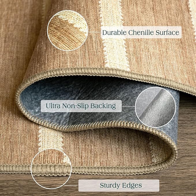 Striped 3x5 Entry Rug - Small Washable Indoor Outdoor Mats for Front Door Non-Slip Porch Rug Tan Beige Farmhouse Throw Rugs for Living Room Bedroom Entryway Kitchen Mudroom Office Porch Decor