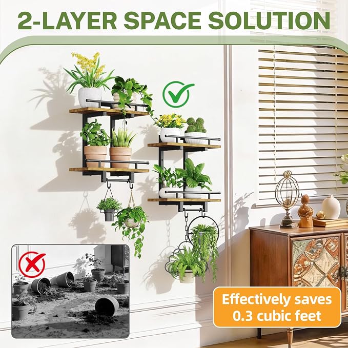iDavosic.ly Wall Plant Holder Set of 2, 2 Tier Indoor Floating Shelves with 4 Hooks for Hanging Plants, Wall Mounted Space Saving Display Stand for Living Room Bedroom (Pots/Chains Not Included)