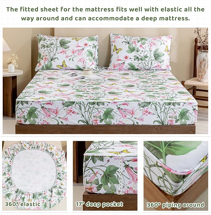 QSH Butterfly Bed Sheets Set Queen Size 100% Egyptian Cotton Sheet Wild Flower Leaves Printed Pattern Bedding Sheets Spring Floral Bedsheets Deep Pockets 4PCs