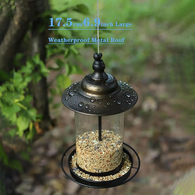 Bird Feeders for Outdoors,Hanging Bird Feeder with Locking Lid, Metal Birdfeeder with 17.5cm Weatherproof Large Roof&Tray,3 Feeding Perches,Chew-Proof, Black,1 Pack