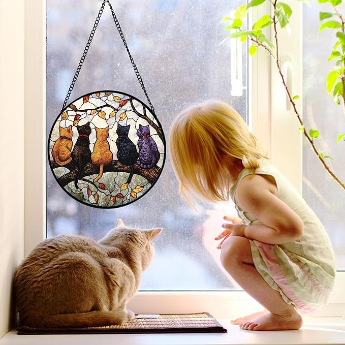 DASTOLL Stained Glass Window Hanging - 5 Cats on a Branch Suncatcher for Window Doors Home Decoration and Christmas, Mother's Day Father's Day Birthday Gifts for Women, Men, and Mom 11.8x11.8 in