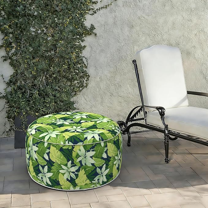 LVTXIII Indoor/Outdoor Large Inflatable Ottoman Pouf D31 x H14 Inch, Round Footstool with Handle, Weather-Resistant Portable Furniture for Patio, Camping, Beach, Jungle Leaves