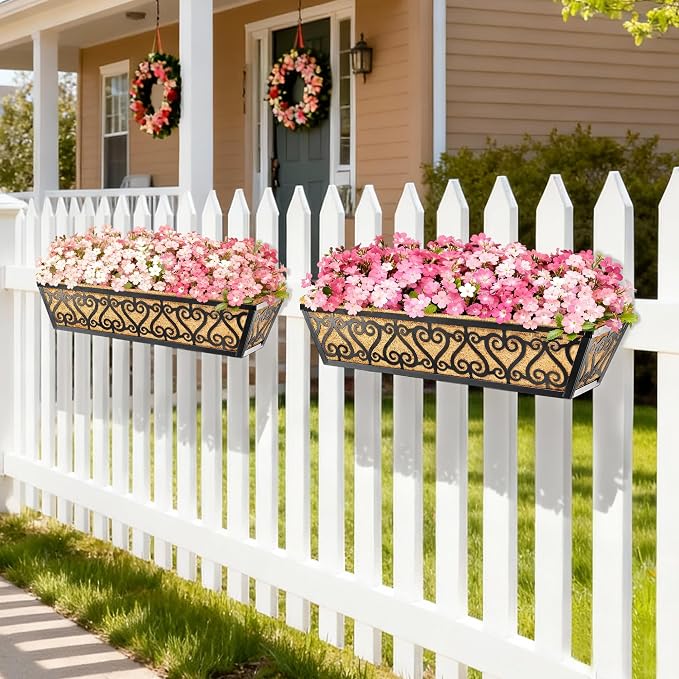 4 Pack 24 Inch Deck Railing Planter Box - Window Boxes Planters with Adjustable Brackets Coco Liners Balcony Planters Railing Hanging for Window Flower Boxes Outdoor Garden Decor