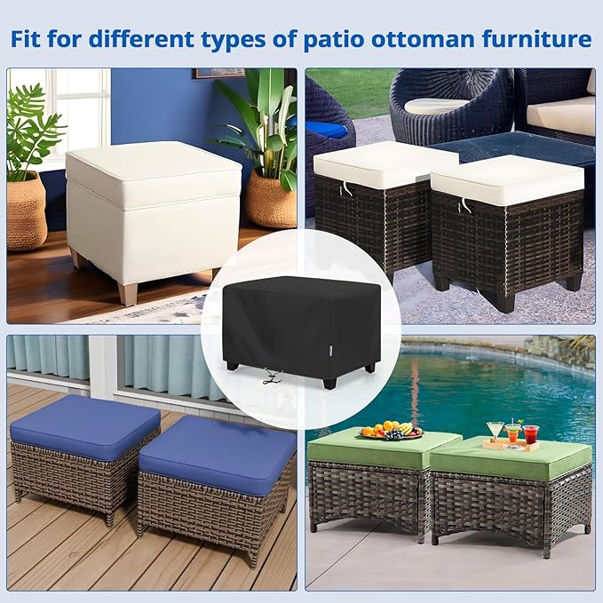 SunPatio Outdoor Ottoman Cover, Waterproof Rectangle Coffee Table Cover, Patio Furniture Covers Side Table Cover, All Weather Protection, 34W x 24D x 17H, Black