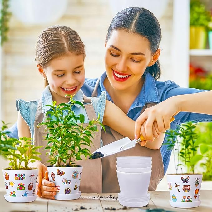 Domensi 30 Pack Garden Pot Craft Kit 4 Inch DIY Religious Crafts for Kids Bulk Small Plastic Spring Flower Plant Pot Plastic Planter with Tray Drainage Holes with Tag, Certificate of Award, Sticker