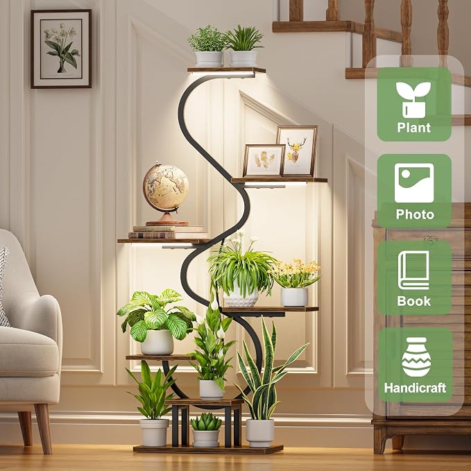 CODACE Plant Stand Indoor with Grow Lights - Tall Corner Plant Shelf, 7 Tiered Plant Stands for Indoor Plants, Metal Flower Plant Rack, Curved-Shaped Inoor Plant Holder for Living Room, Patio（Black