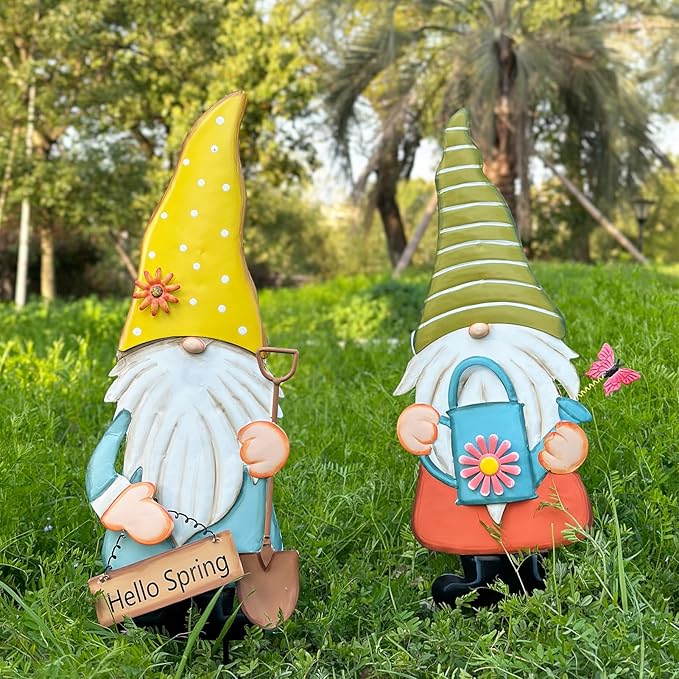 Metal Gnome Decorative Garden Stakes,23.8” Set of 2 Spring Garden Gnomes Outdoor Decor with Flower Butterfly Watering Can Ornament, Gnomes Decorations for Yard Lawn Backyard Porch Outside Decorations
