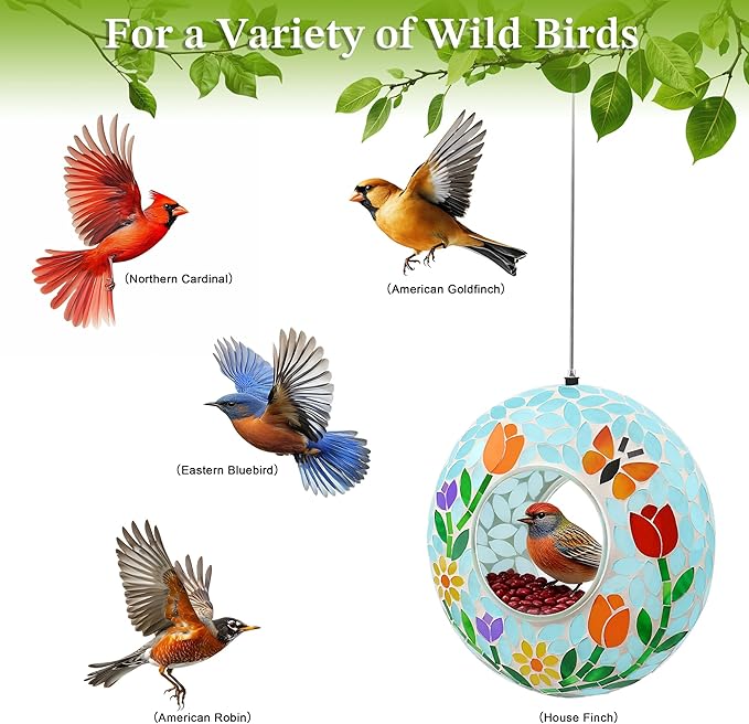 SAVENNA Mosaic Glass Hanging Bird Feeder, 8 Inch Handcrafted Outdoor Feeder with Steel Wire Rope, Decorative Garden & Patio Feeder for Wild Birds, Colorful Floral Mosaic Design