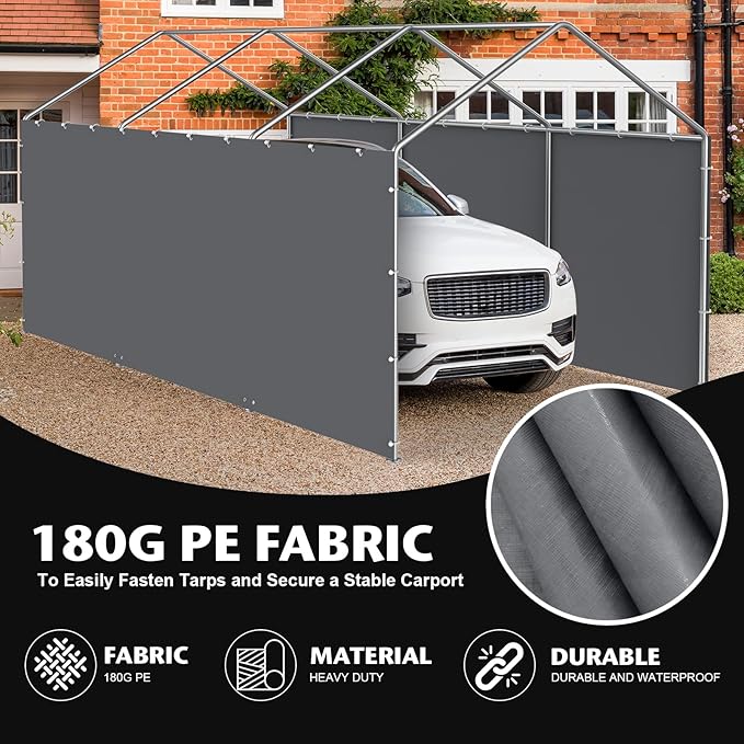 Carport Replacement Canopy Sidewall 20x6.6FT Fits 10x20,12x20,13x20,20x20FT Carport, Waterproof & UV Protected, with Ball Bungees (Only Sidewall, Frame Not Include) (Grey, Sidewall 1 Pack)