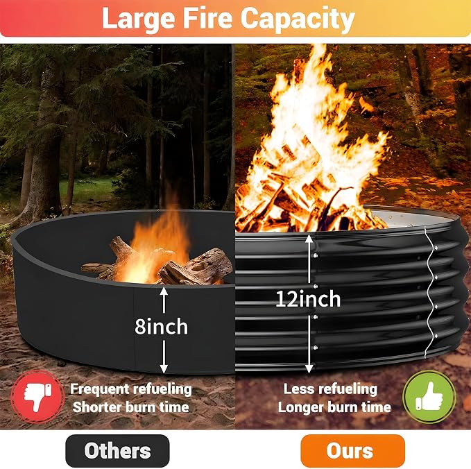 72" Extra Large Fire Pit Ring – Outdoor Wood Burning Fire Pit with 12'' Deep for Large Group Backyard Gatherings – Heavy Duty Galvanized Steel with Heat-Resistant Coating for Patio, Camping & Bonfires