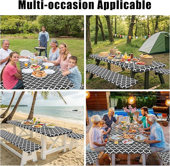 Smiry Picnic Table Cover with Bench Covers, Waterproof Elastic Fitted Tablecloth for 6 Foot Tables, Washable Polyester Tablecloths for Camping, Indoor & Outdoor (Dark Grey, 30x72 Inch 3-pc Set)