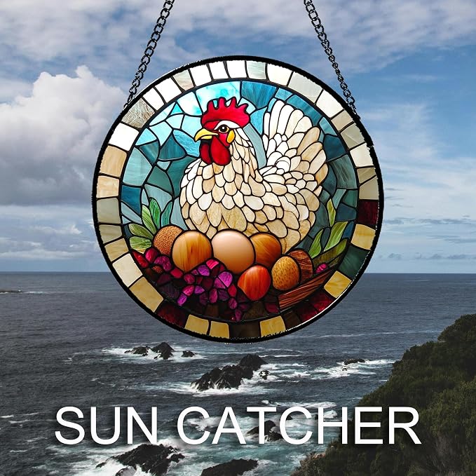 DASTOLL Stained Glass Window Hanging White Chicken Hatching Eggs 9.8" - Suncatcher Door Garden Sunroom Sun Catcher Home Decor Birthday Christmas for Mom Men Woman Nana