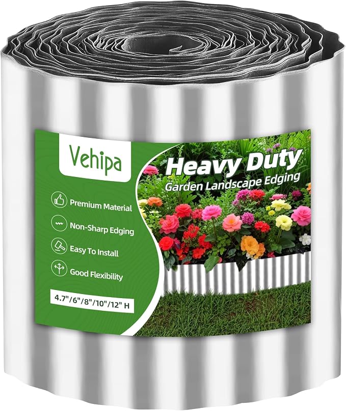 Vehipa Garden Edging Brooder for Landscaping, 10" x 30 Ft Corrugated Landscape Edging, Garden Bed Edging Lawn Edging for Flower Bed, Landscape Border for DIY Lawn, Yard (Silver)