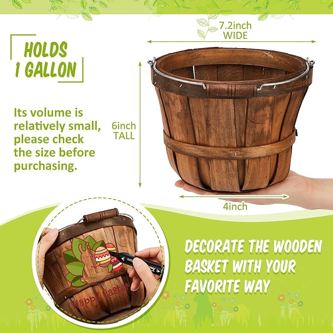 Tatuo 4 Pcs Round Wooden Apple Baskets Wood Fruit Buckets with Handle Fall Harvest Basket Portable Bushel for Market Vegetables Garden Home Party Supplies Easter Gifts (Dark Brown)